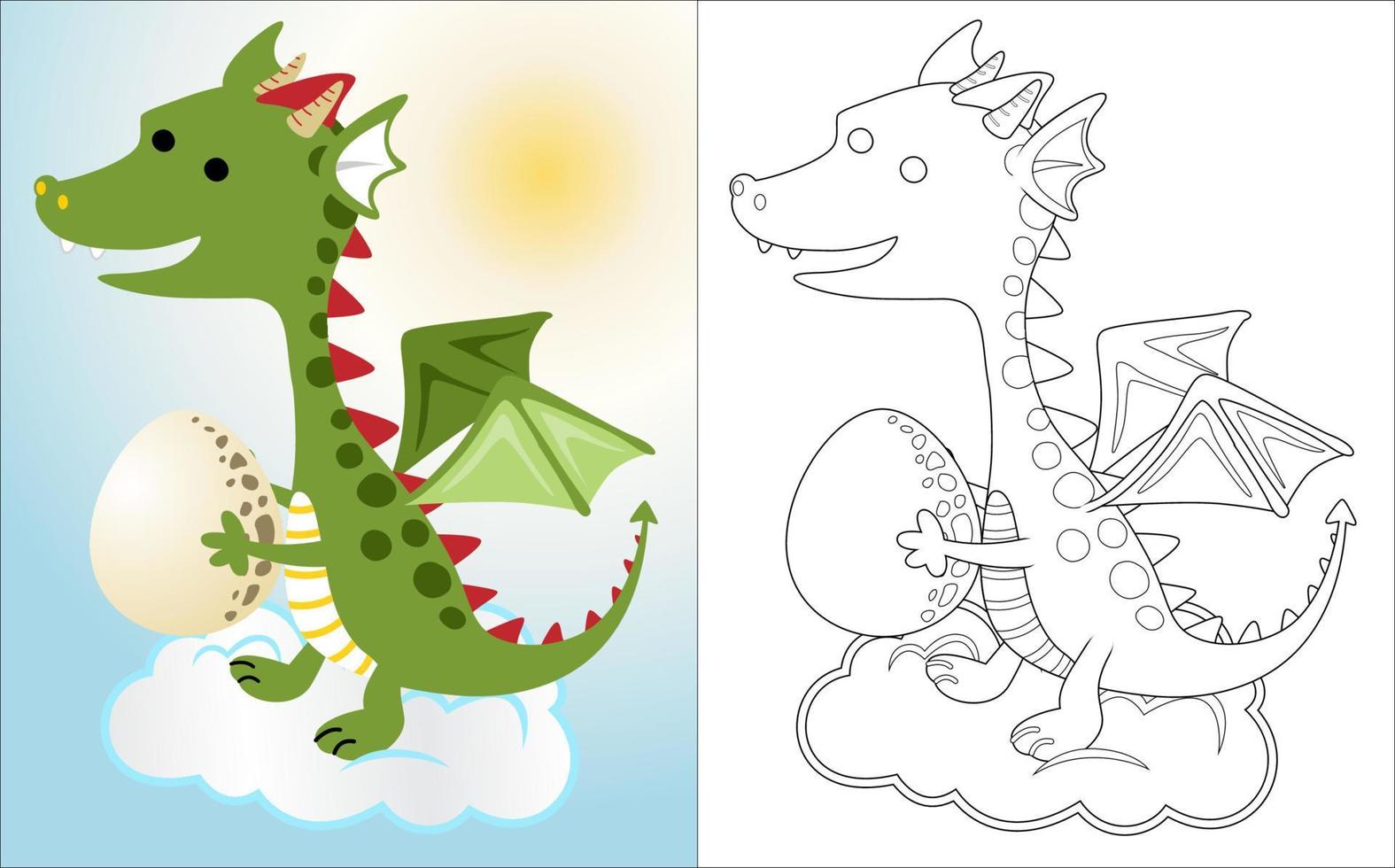 Funny dragon cartoon holding egg on cloud, coloring book or page vector