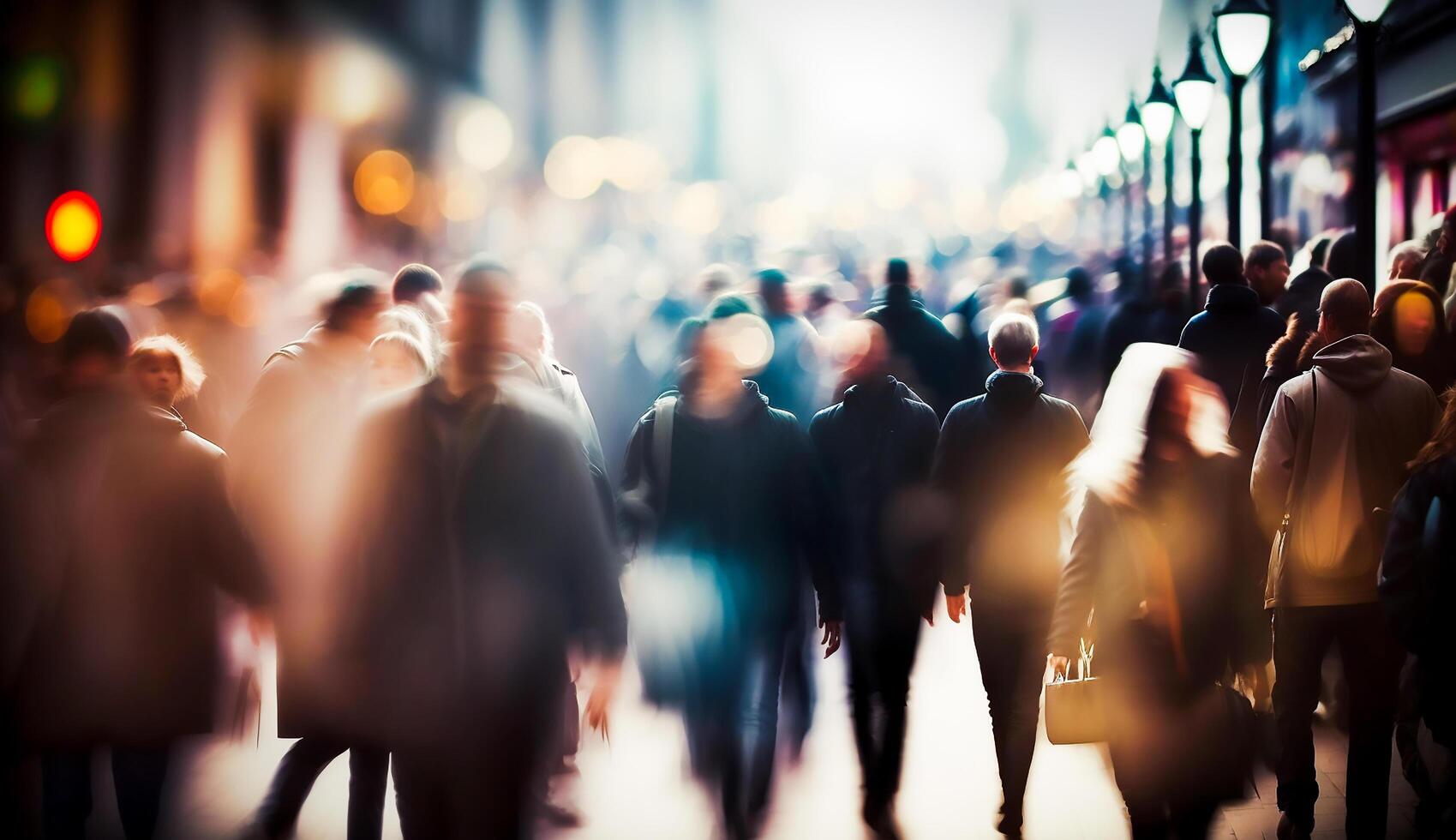 Crowd of people walking in the street with soft bokeh, fast moving in city, photo