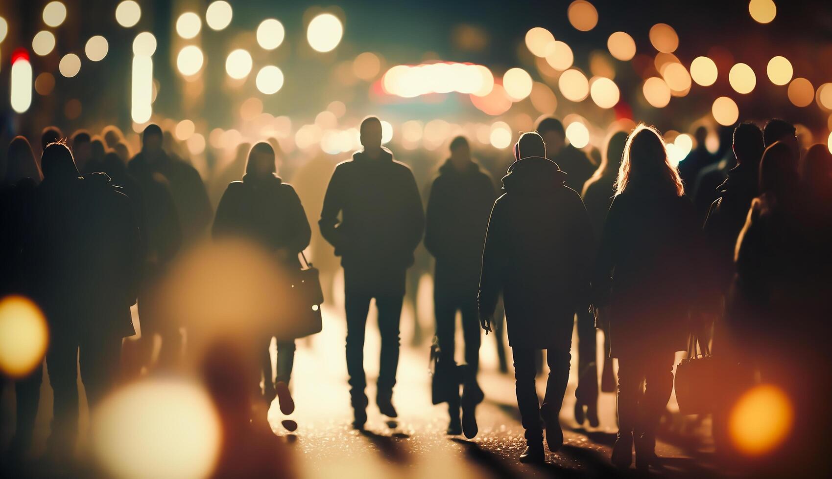 Crowd of people walking in the street with soft bokeh, fast moving in city, photo