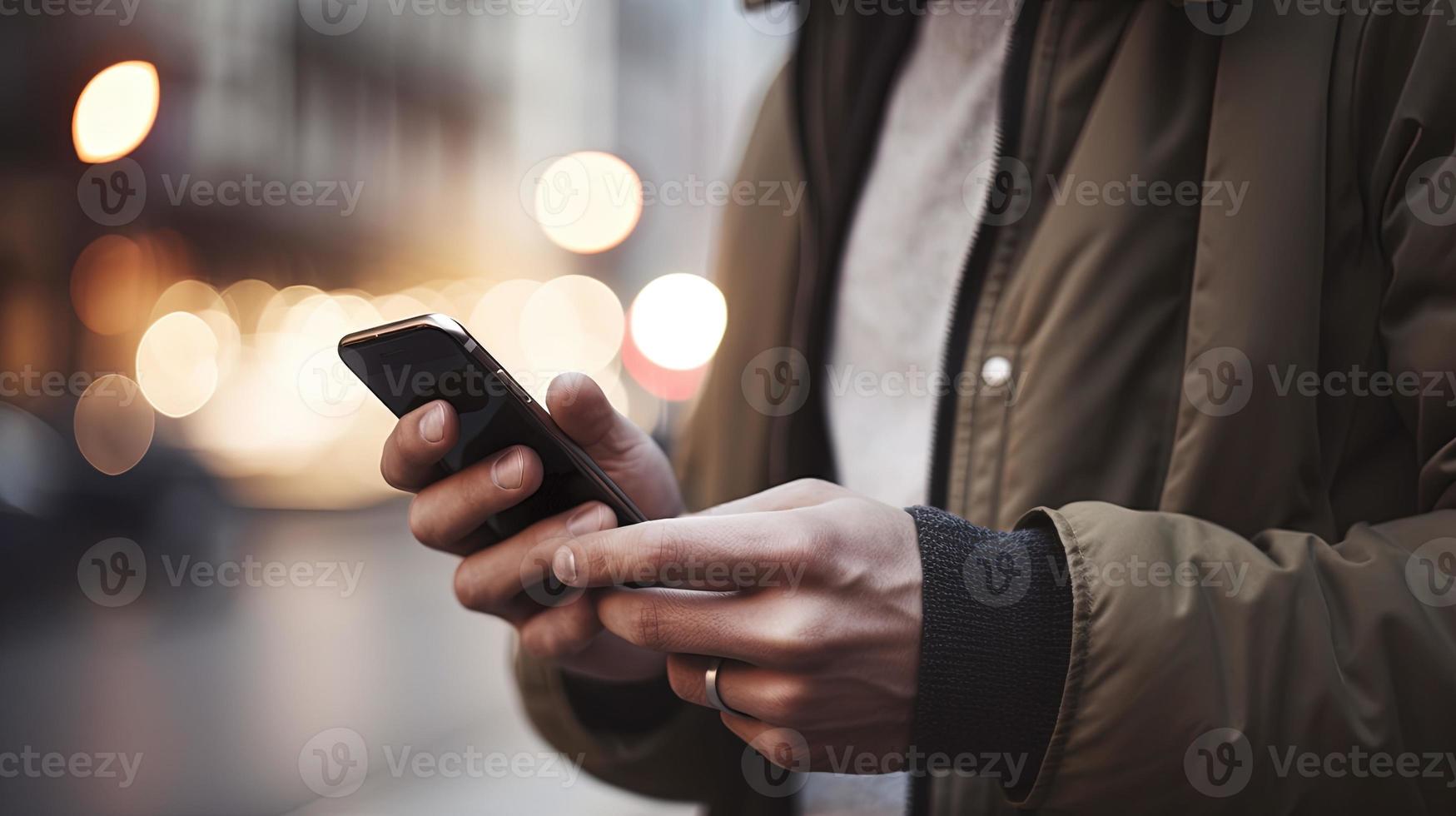 cerca arriba de un hombre utilizando móvil inteligente teléfono en el ciudad foto