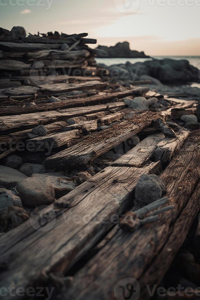 Old wooden pier on the beach at sunset. Selective focus photo