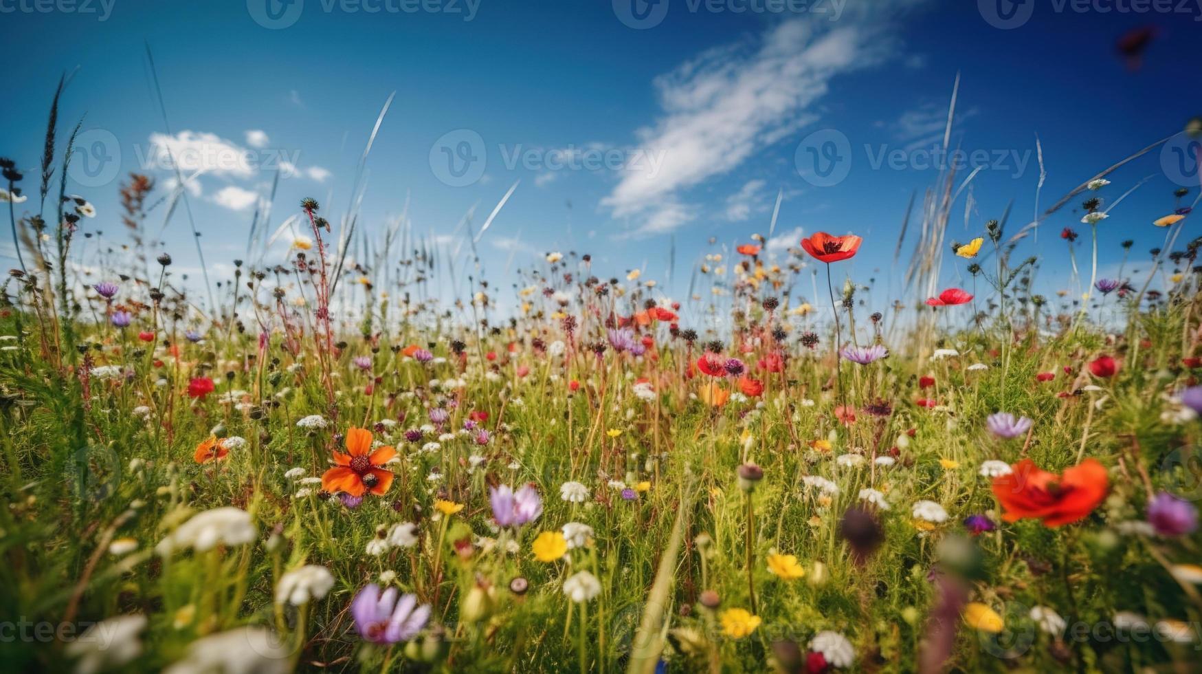 Colorful flowers in a meadow on a sunny summer day,Beautiful meadow with poppies and other wildflowers photo