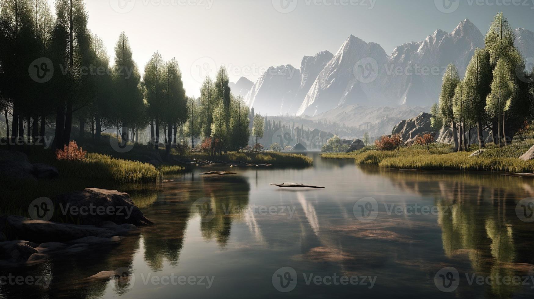 Beautiful landscape with mountain lake and reflection in water 22137815  Stock Photo at Vecteezy