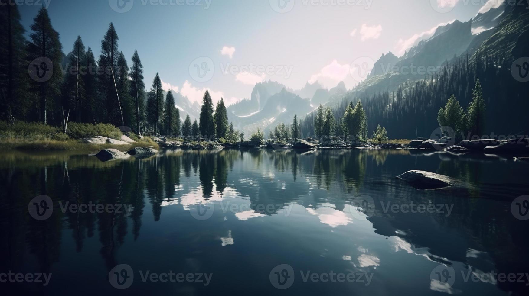 Beautiful landscape with mountain lake and reflection in water photo
