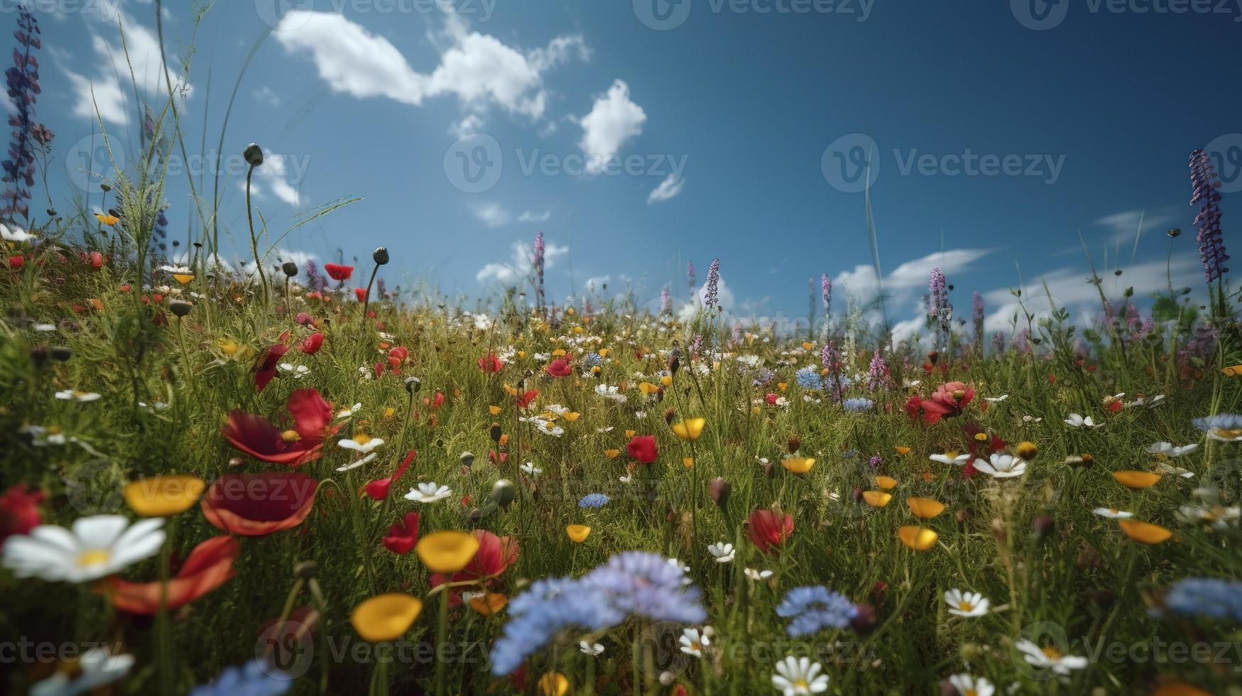 vistoso flores en un prado en un soleado verano día, hermosa prado con amapolas y otro flores silvestres foto