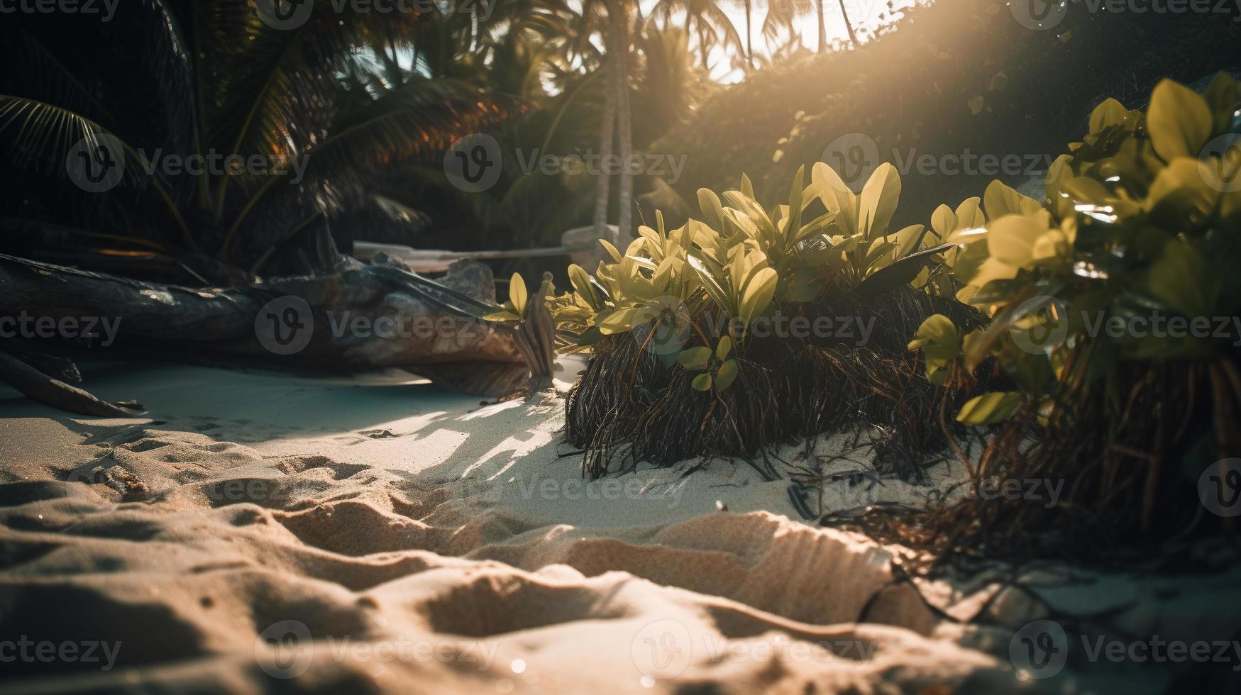 tropical playa con palma arboles y arena dunas a puesta de sol, azul mar foto