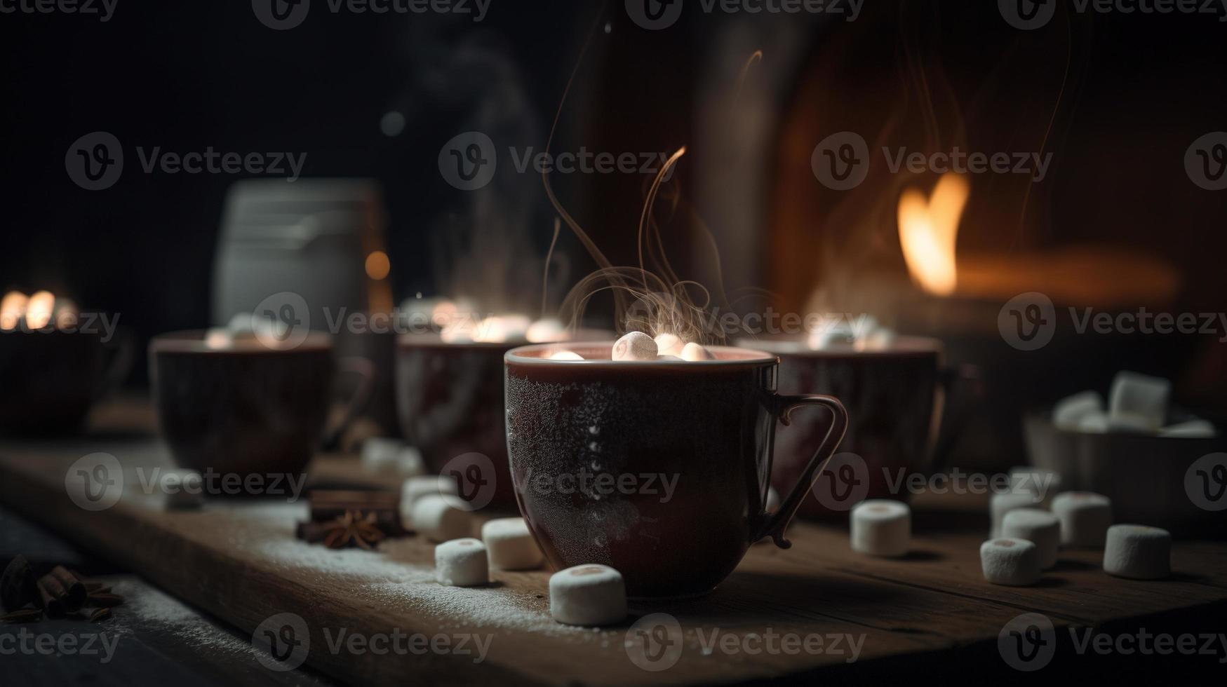 Hot chocolate with marshmallows in front of a fireplace in winter photo