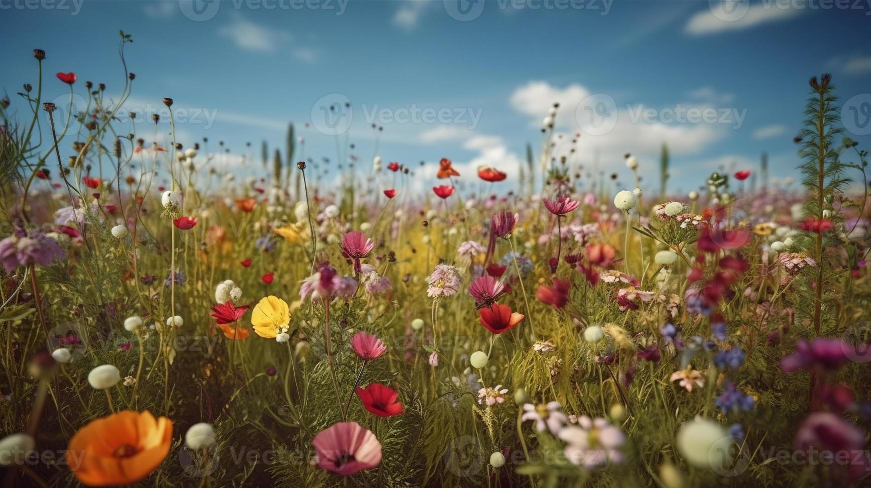 vistoso flores en un prado en un soleado verano día, hermosa prado con amapolas y otro flores silvestres foto