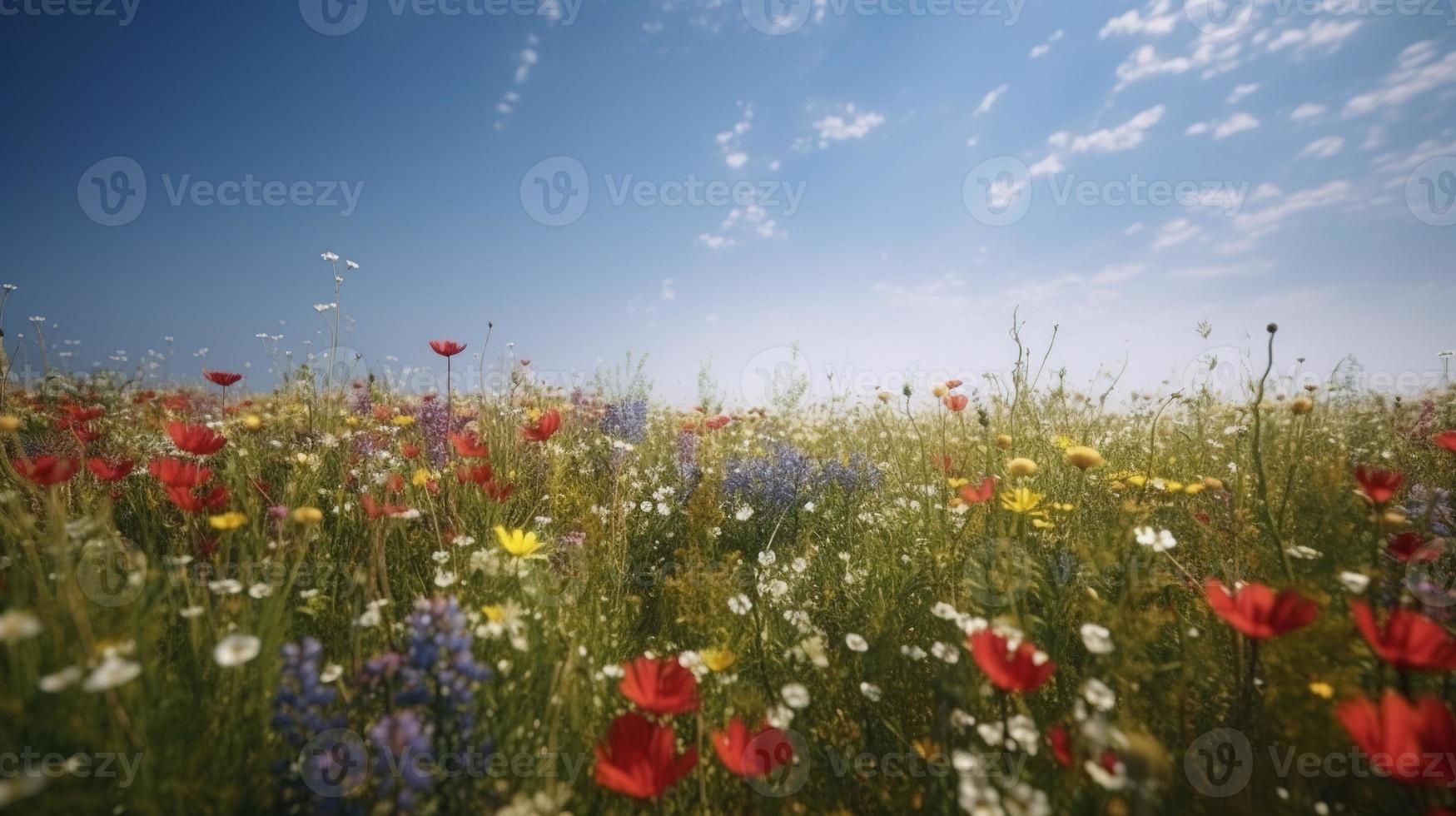 vistoso flores en un prado en un soleado verano día, hermosa prado con amapolas y otro flores silvestres foto