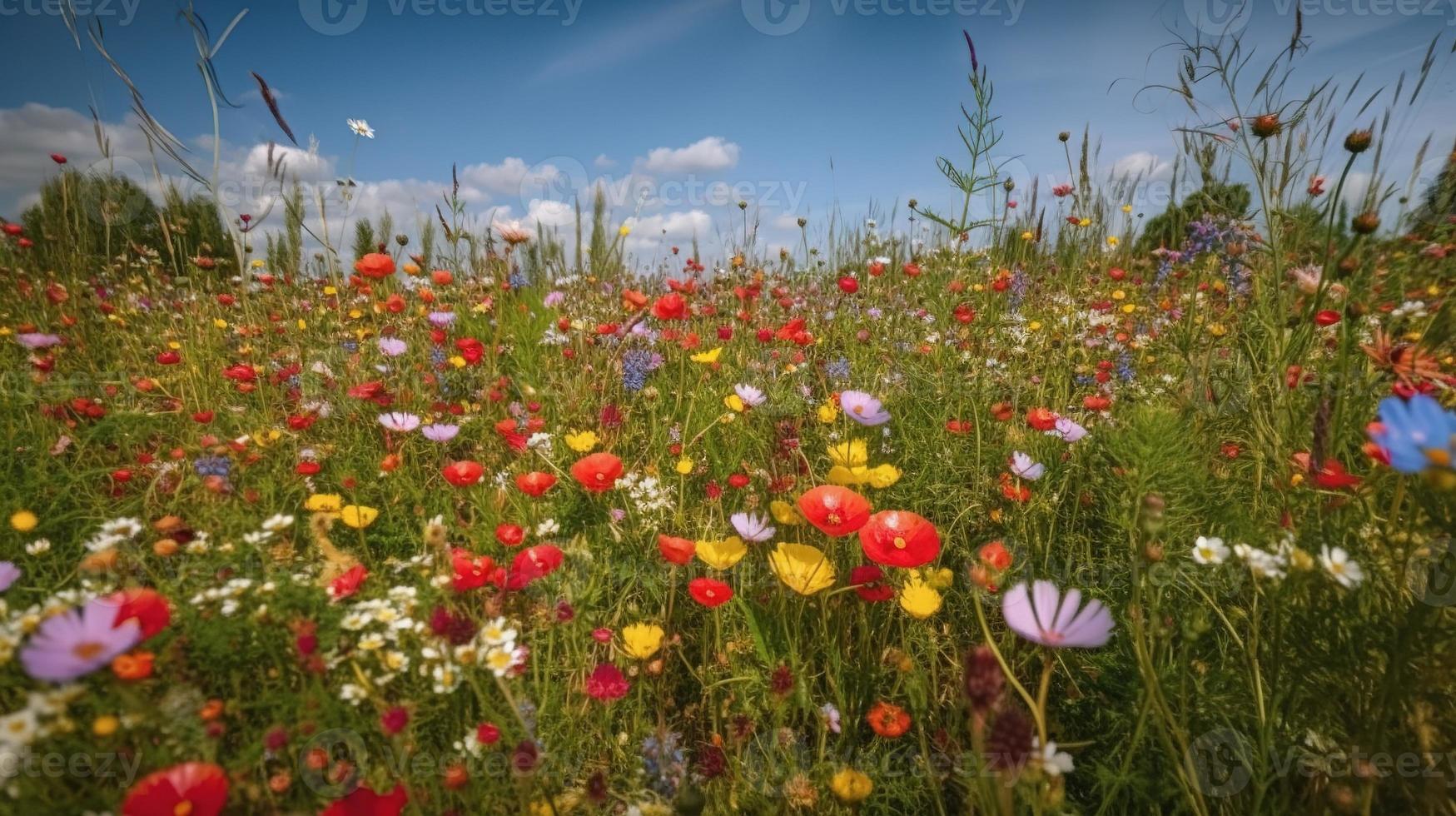 vistoso flores en un prado en un soleado verano día, hermosa prado con amapolas y otro flores silvestres foto