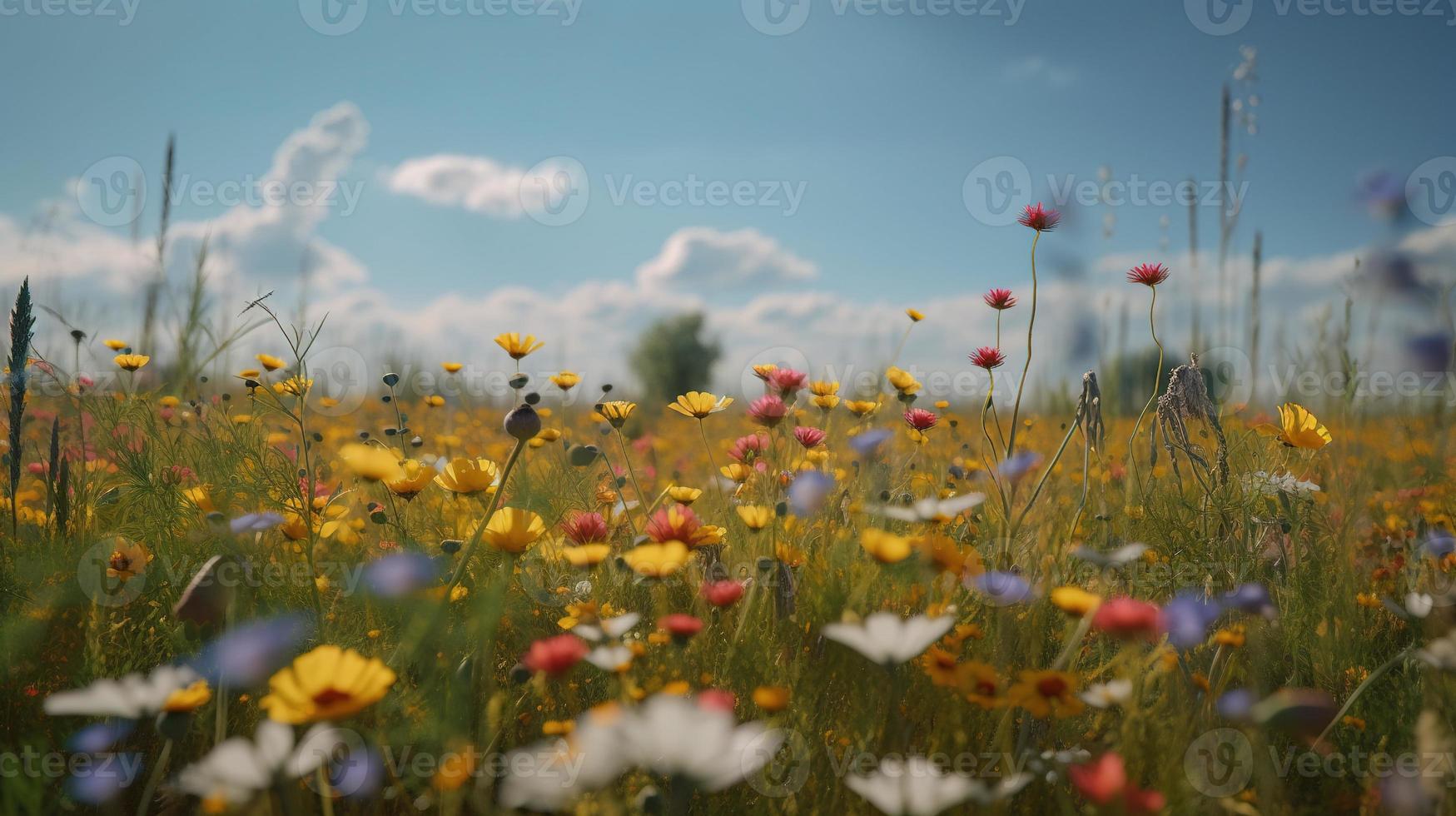 vistoso flores en un prado en un soleado verano día, hermosa prado con amapolas y otro flores silvestres foto