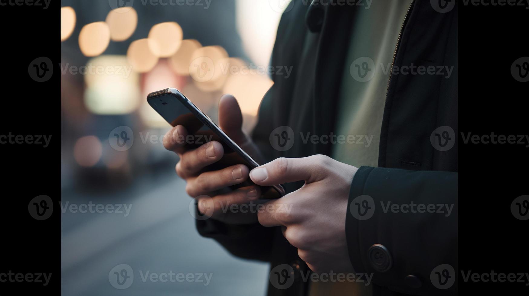 cerca arriba de un hombre utilizando móvil inteligente teléfono en el ciudad foto