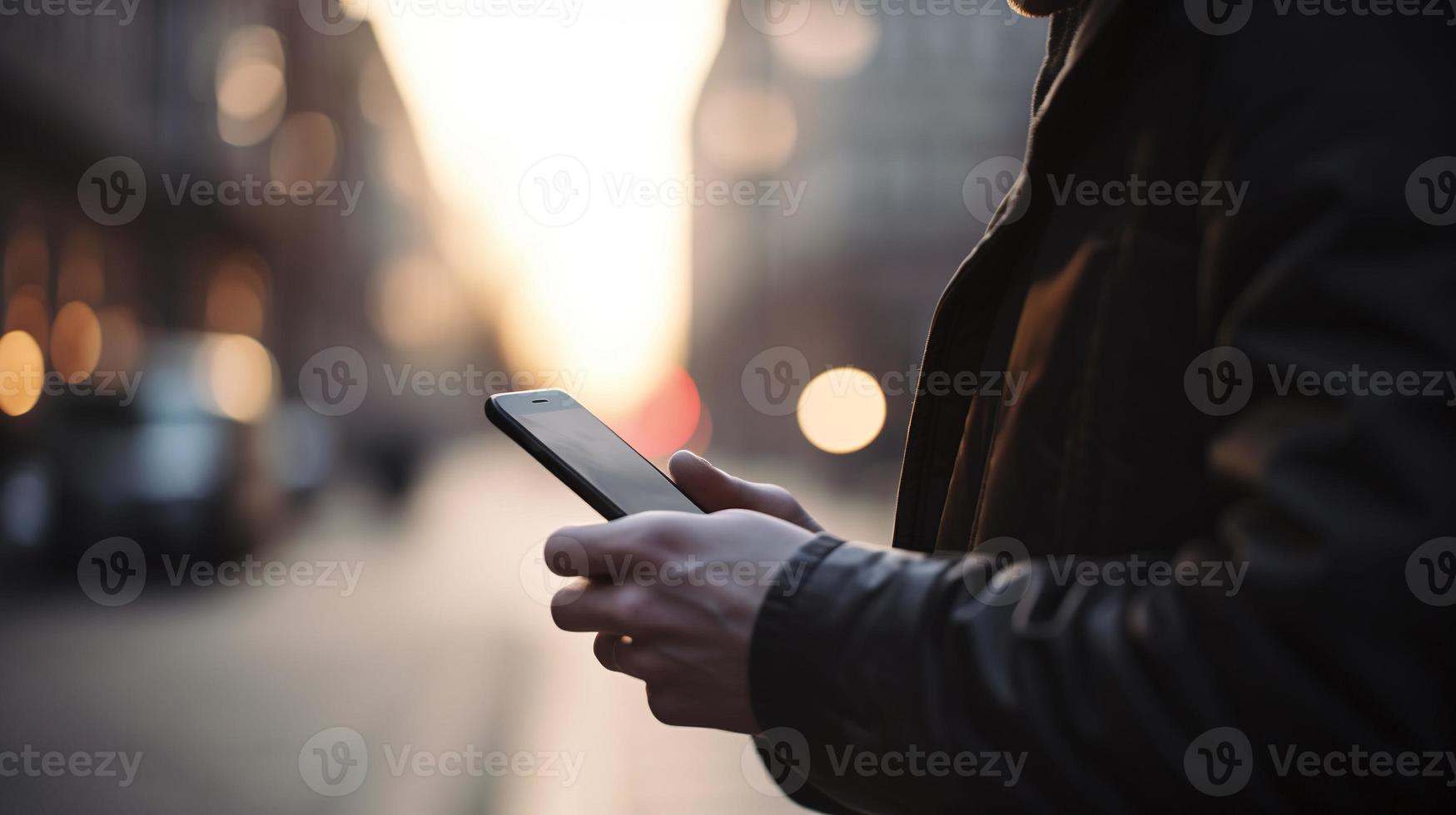 Close up of a man using mobile smart phone in the city photo