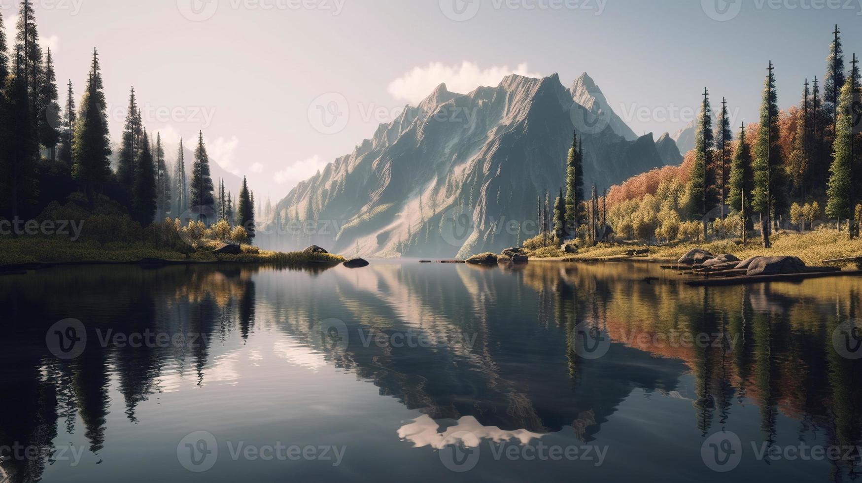 Beautiful landscape with mountain lake and reflection in water photo