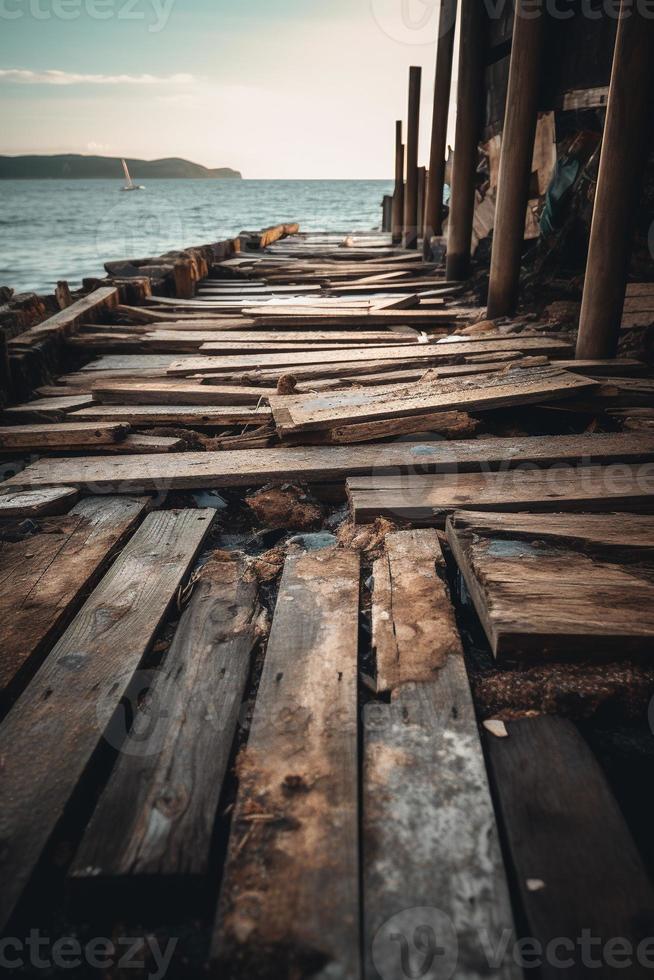 Old wooden pier on the beach at sunset. Selective focus photo