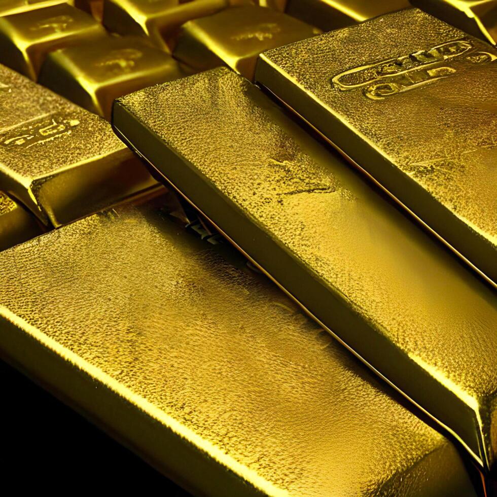 Close-up gold bullion are rectangular blocks, photo