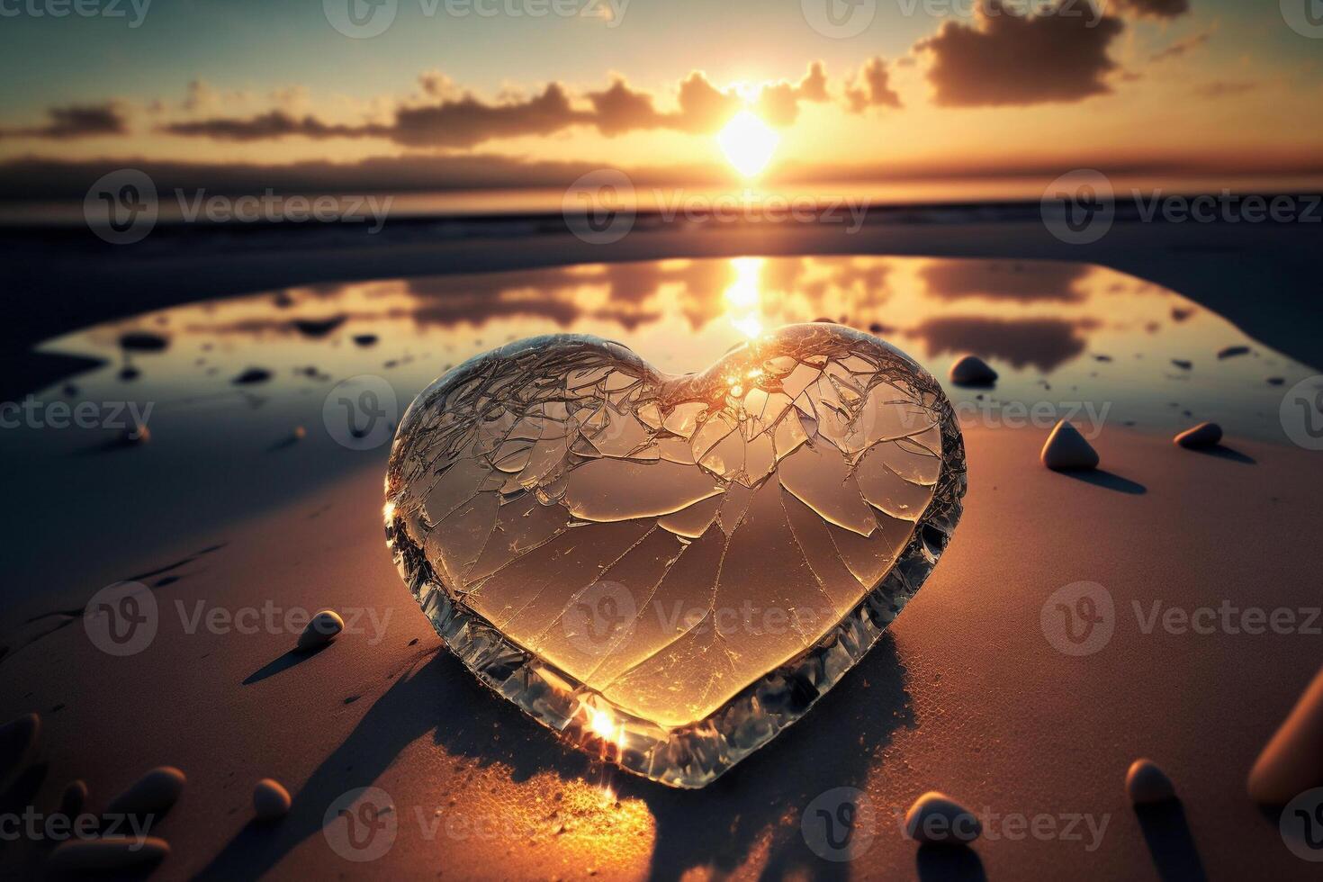 roto corazón de vaso tendido en el playa a puesta de sol - generativo ai. foto