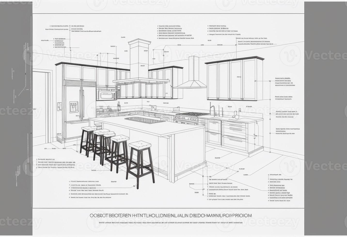 Architectural Drawing with Mock Text and Descriptions of a Custom Kitchen - . photo