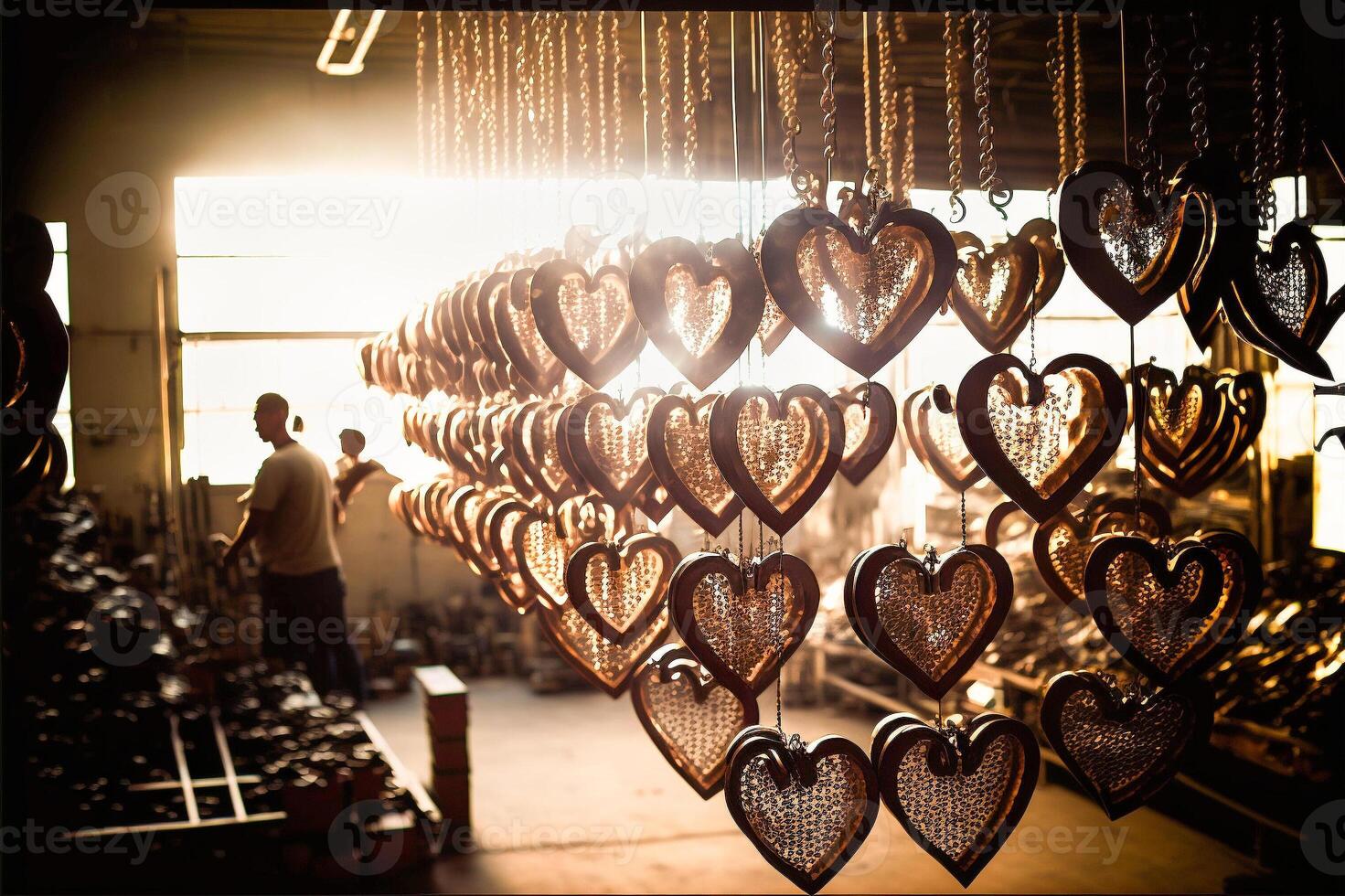 San Valentín día corazón conformado productos colgando en fábrica a producción línea - generativo ai. foto