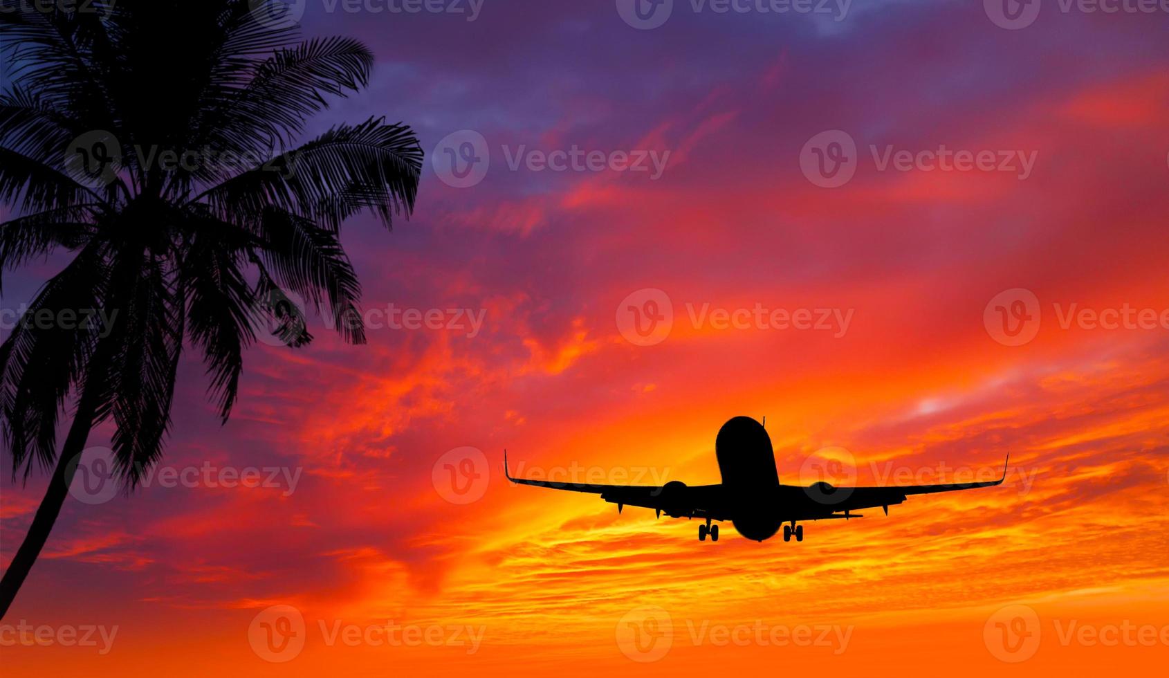 pasajero avión en Acercarse para aterrizaje con hermosa puesta de sol y tropical arboles y plantas. foto