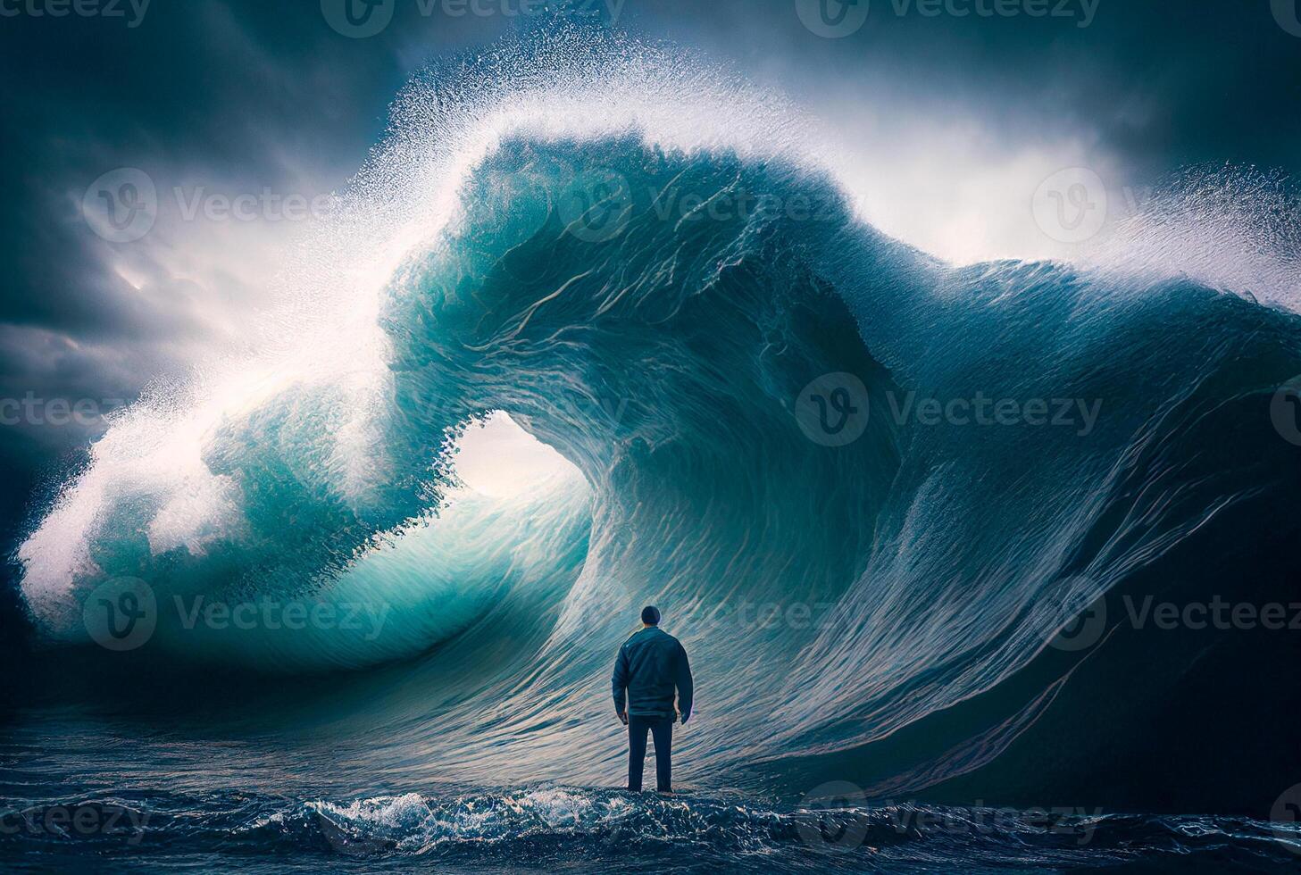 Disheartened Man Standing in the Midst of Turbulent Crashing Waves. Feeling of Overwhelming Demands - . photo