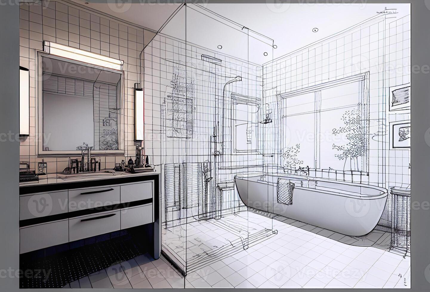 Architectural Rough Exploration Drawing of a Custom Bathroom Interior - . photo