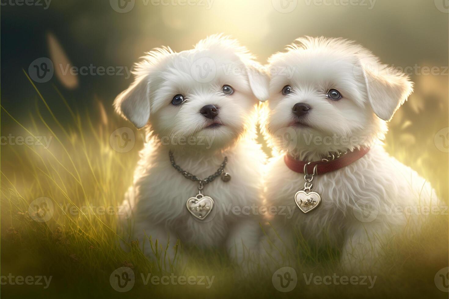 Two Beautiful Maltese Puppies with Heart Shaped Collar Tags Sitting in Field of Grass - . photo