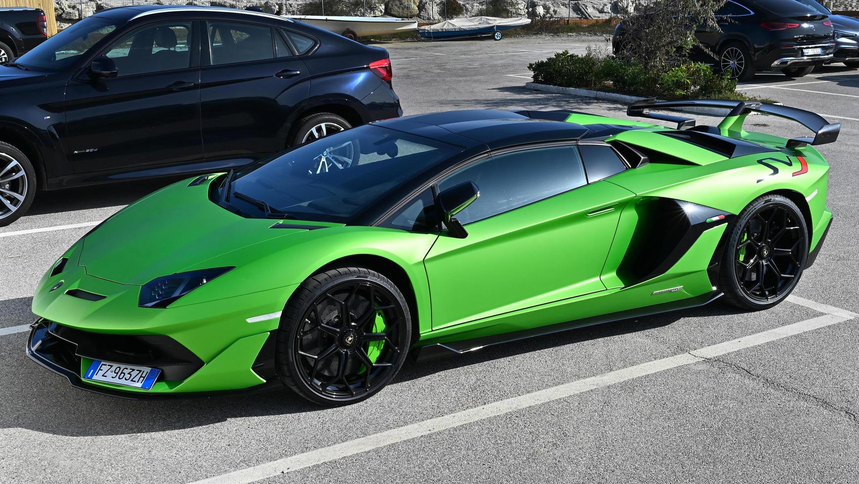 Cervia, Ravenna province, Italy October 29, 2022. Super car Lamborghini model Roadster SVJ parked at the touristic port of Cervia, In italy., photo