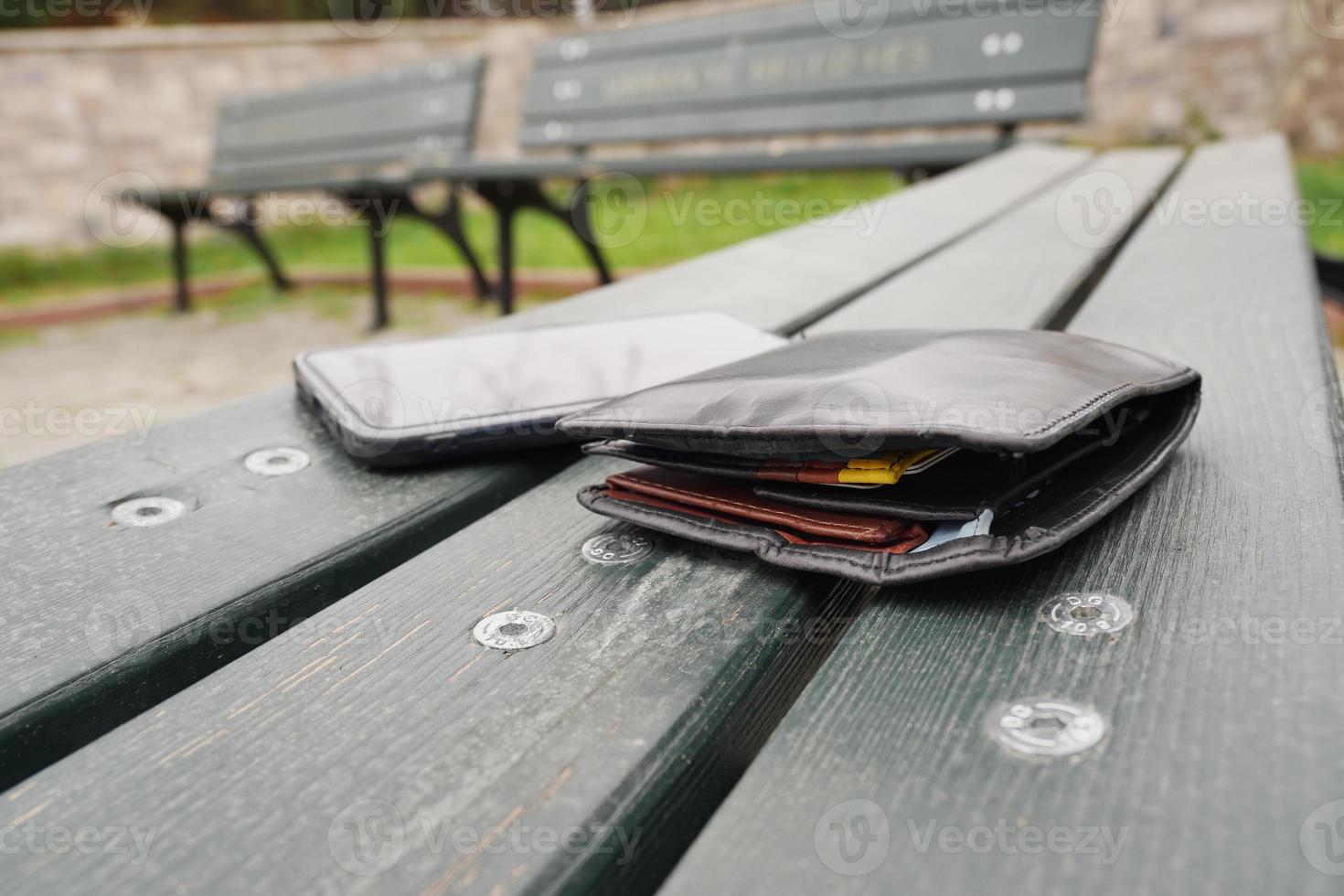 left wallet on a bench in the park photo