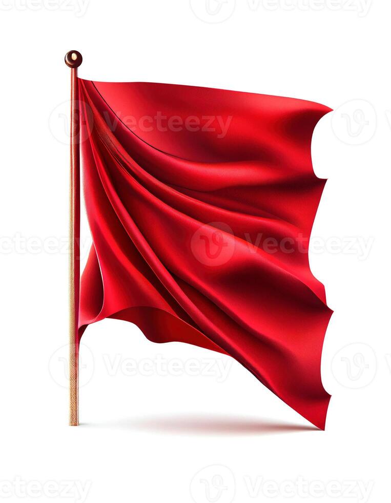 Pinned red silk waving banner on the white background, created with photo