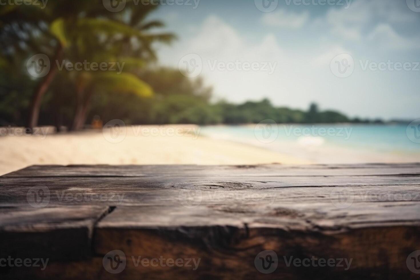 Wooden table on the tropical beach, created with photo