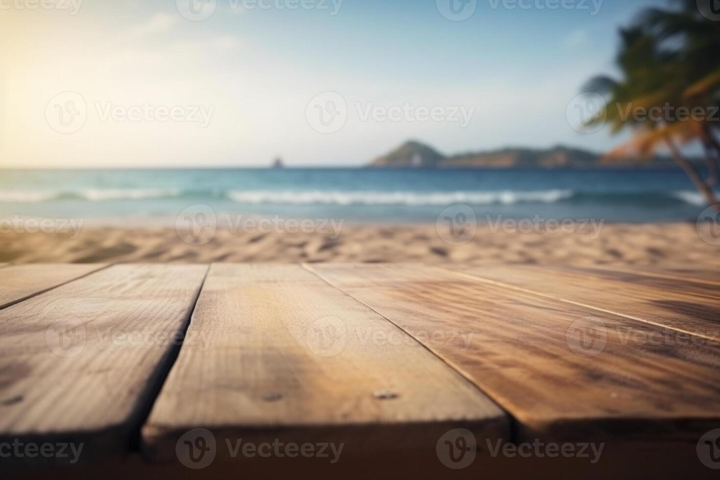 de madera mesa en el tropical playa, creado con generativo ai foto