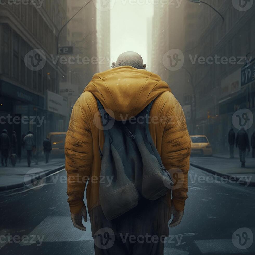 Man suffering from anxiety dissorder walking on street, created with photo
