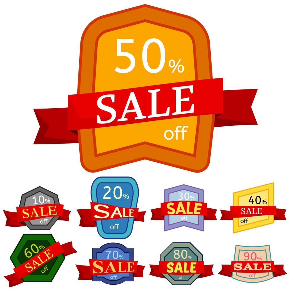 Set of different nine discount stickers. Colorful badges with red ribbon for sale 10 - 90 percent off. Vector illustration.