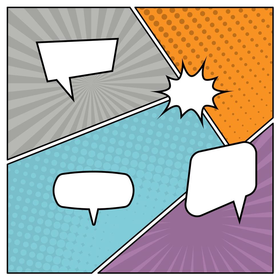 Colorful comic book page background in pop art style with empty speech bubbles. Template with rays and dots pattern. Vector illustration