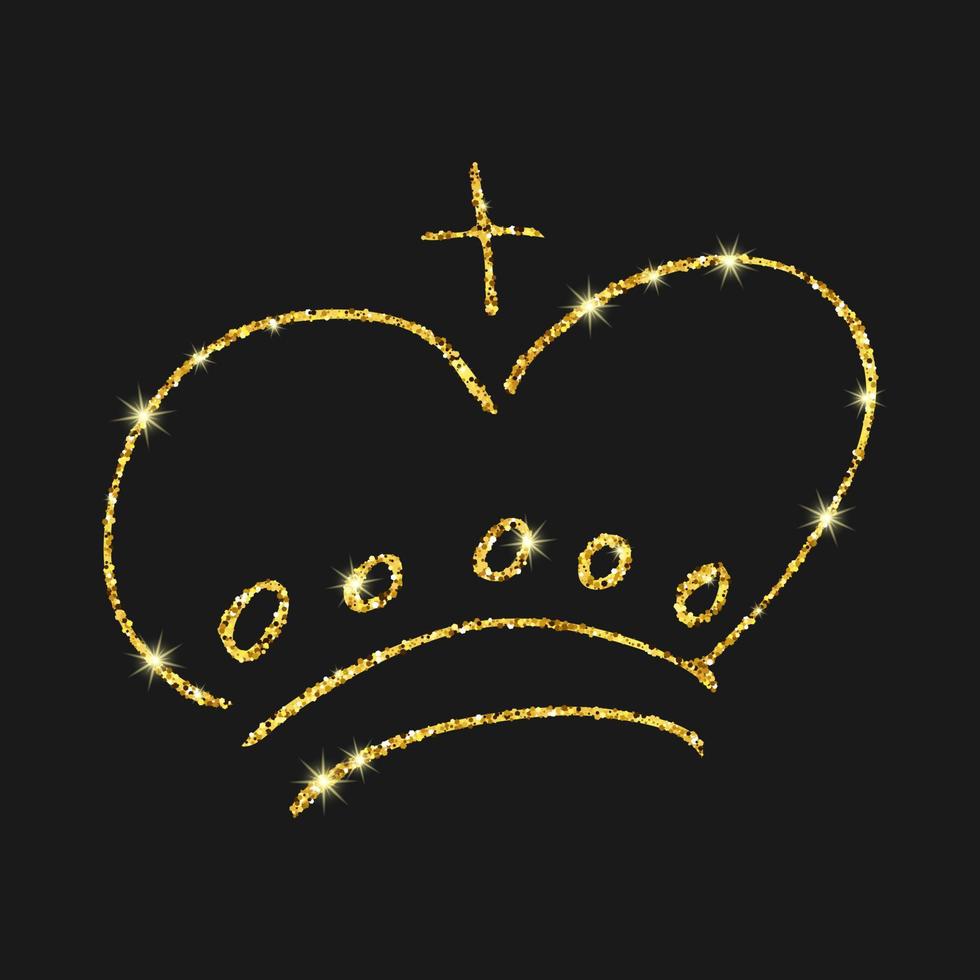 Gold glitter hand drawn crown. Simple graffiti sketch queen or king crown. Royal imperial coronation and monarch symbol isolated on dark background. Vector illustration.
