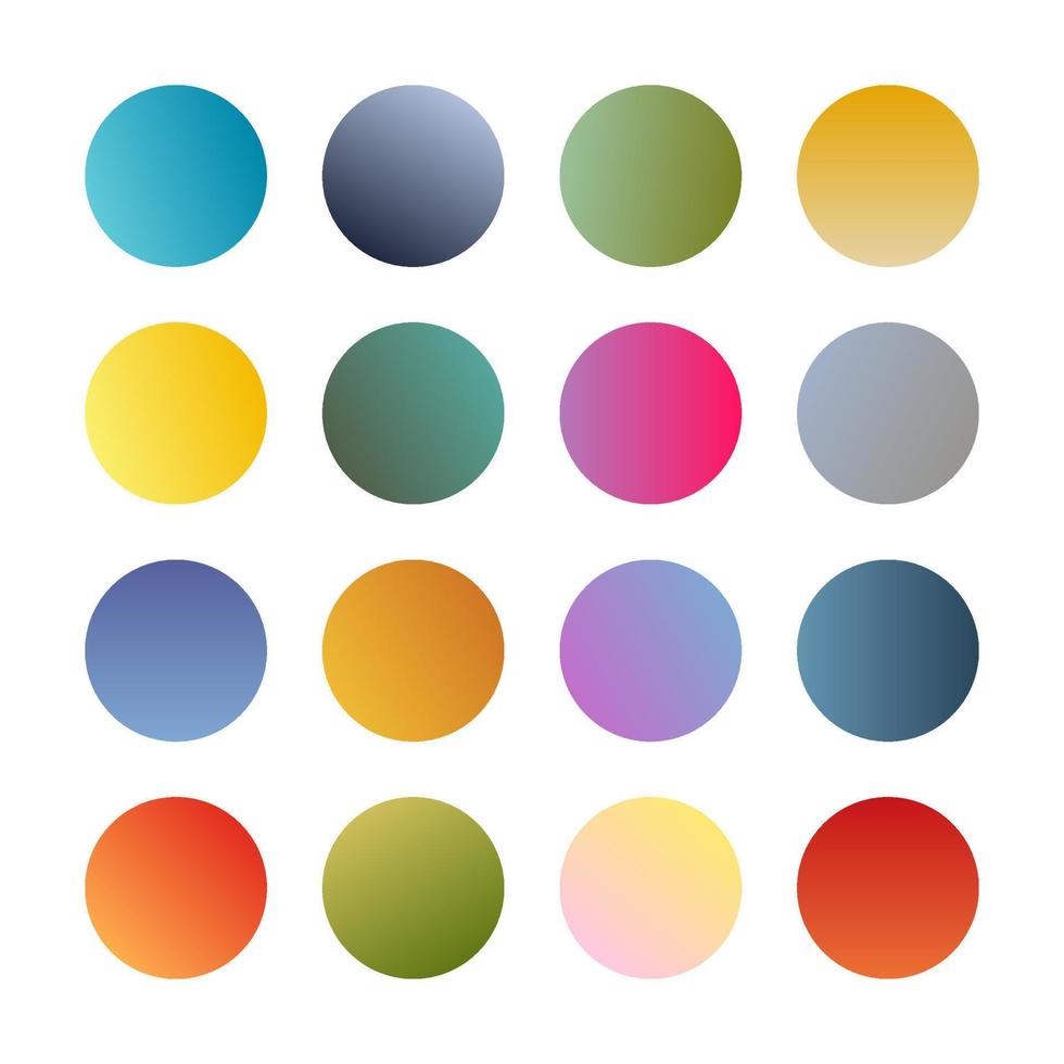 Round gradients spheres. Set of sixteen trendy multicolored gradients. Vector illustration