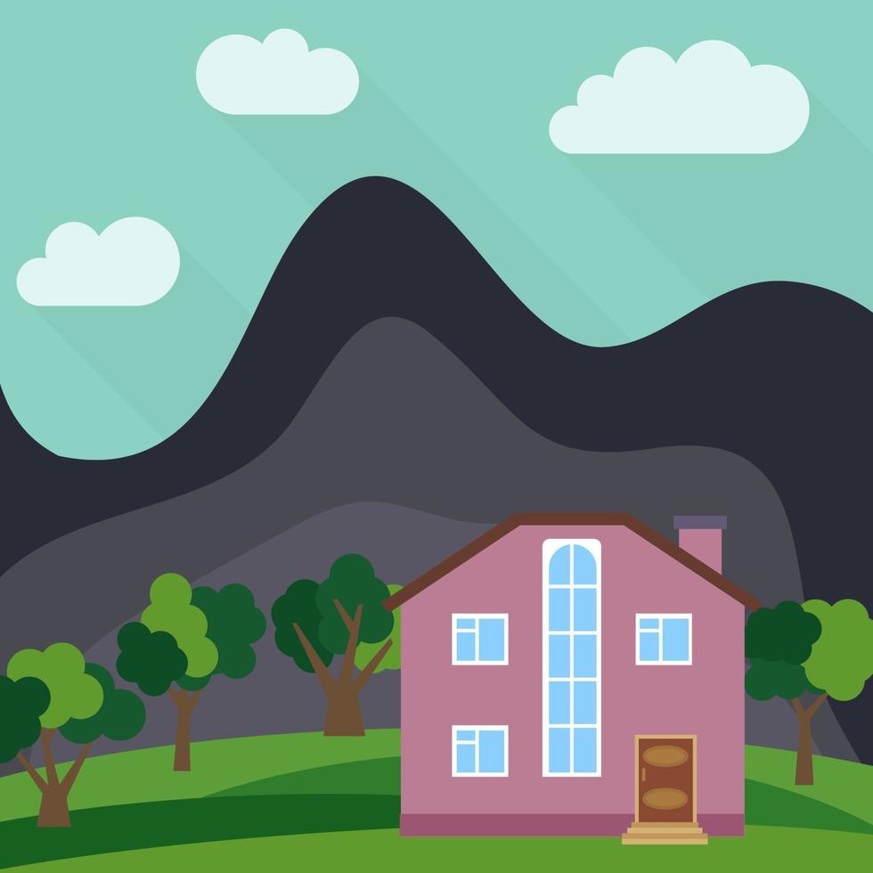 Lone two-storey house in the background of a mountain with an green tree. Vector illustration.