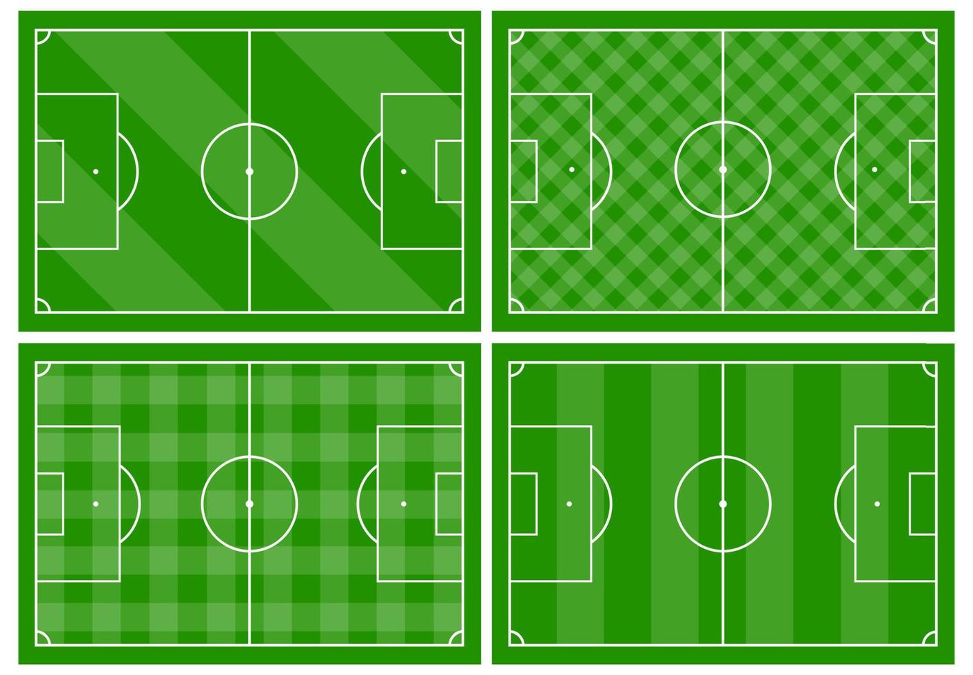 Set of four football fields with different green grass ornaments. Soccer field for playing. Vector illustration