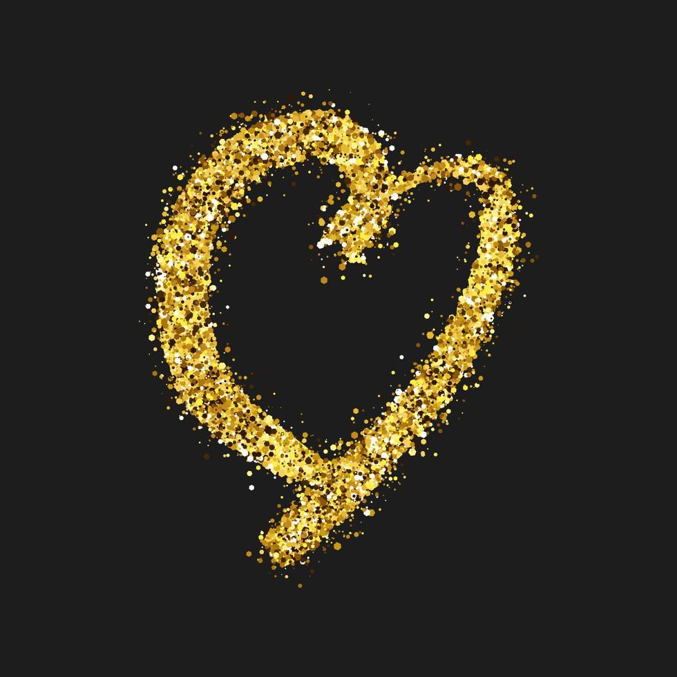 Gold glitter doodle heart on dark background. Gold grunge hand drawn heart. Romantic love symbol. Vector illustration.