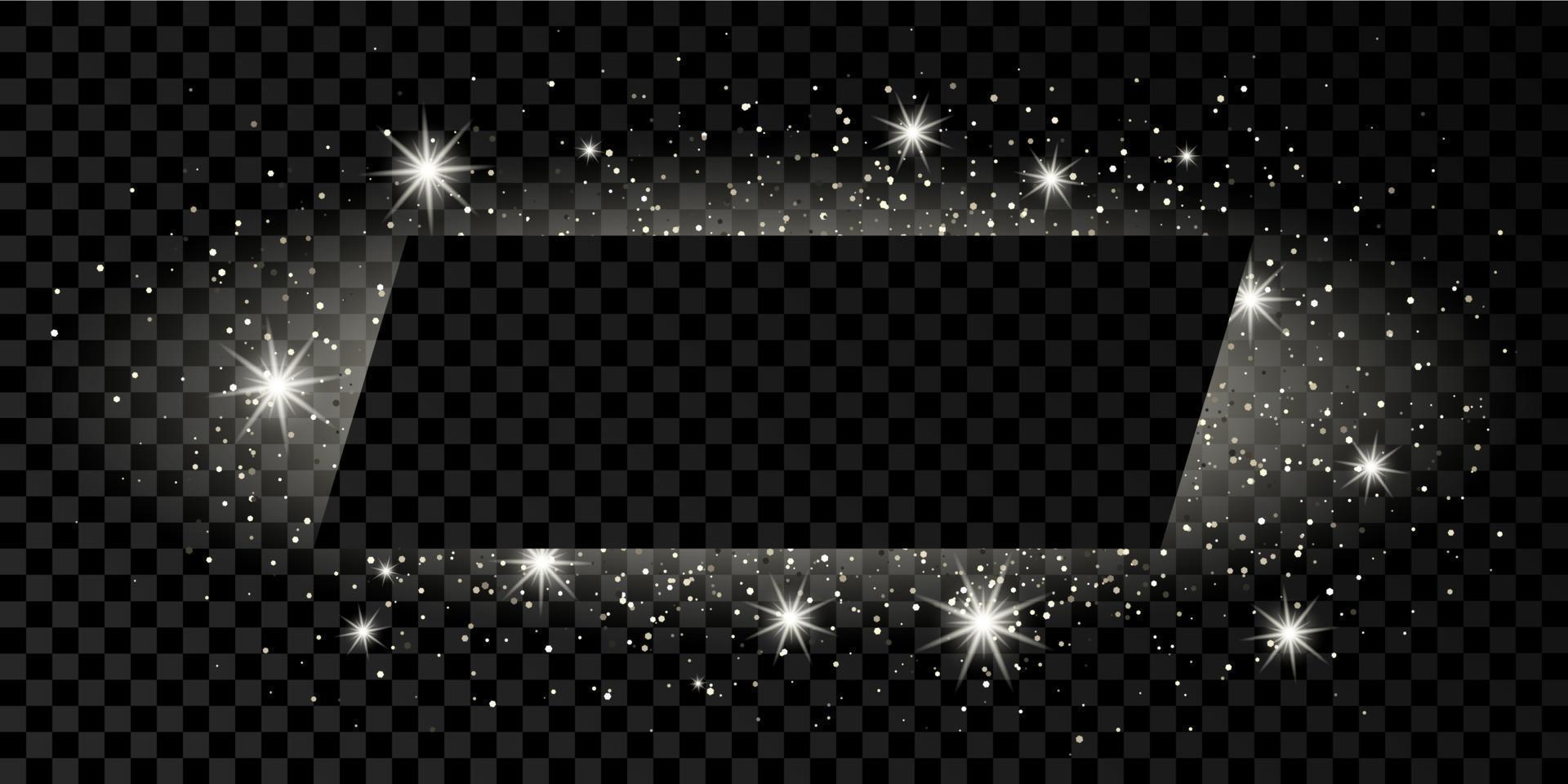 Silver rectangle frame with glitter, sparkles and flares on dark vector