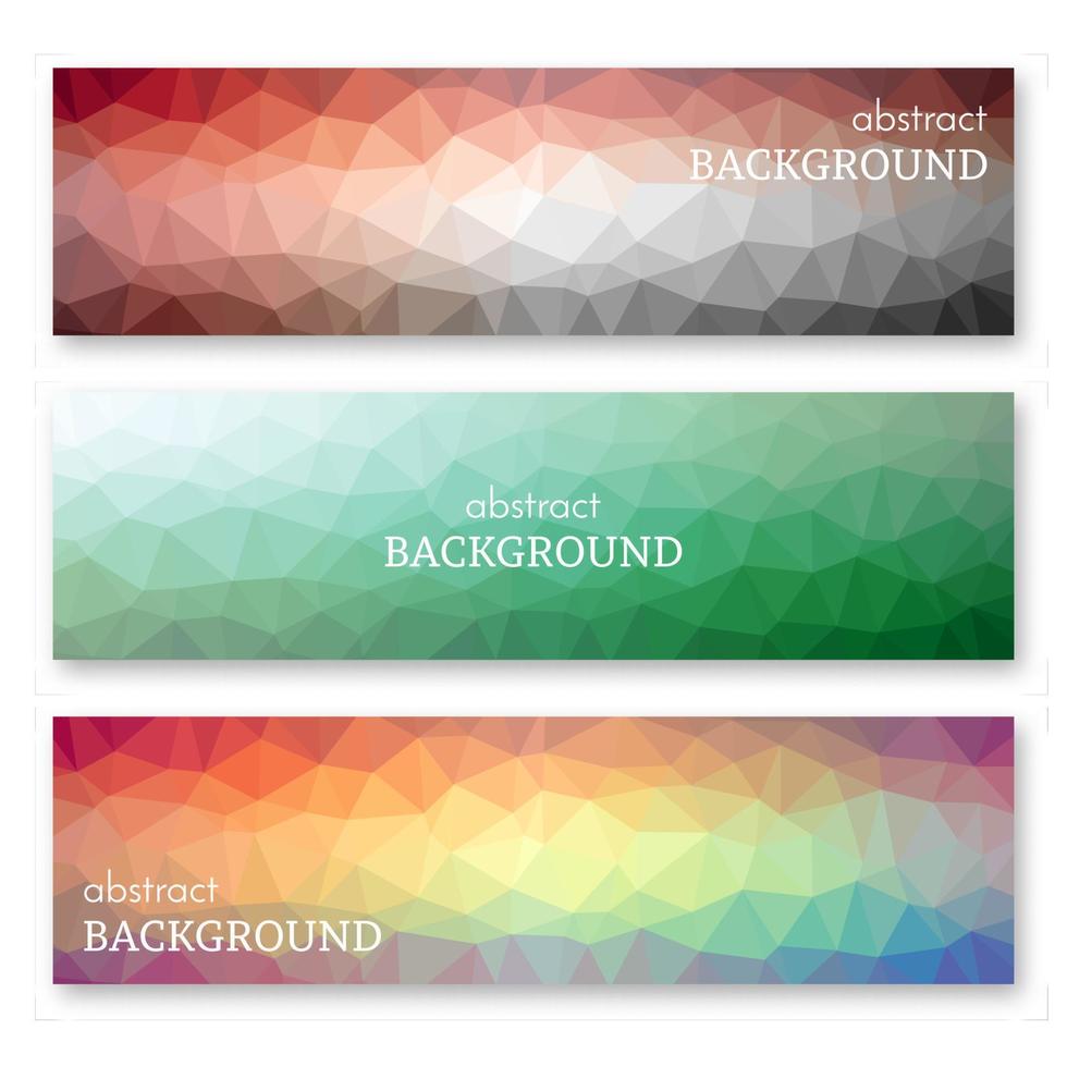 Set of three multi colored banners in low poly art style. Background with place for your text. Vector illustration