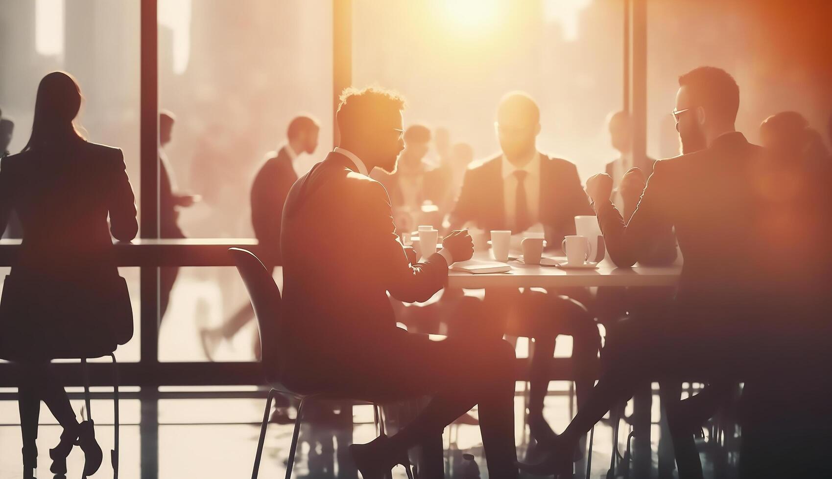 shillouette multitud de negocio personas reunión en mesa en oficina, generativo ai foto