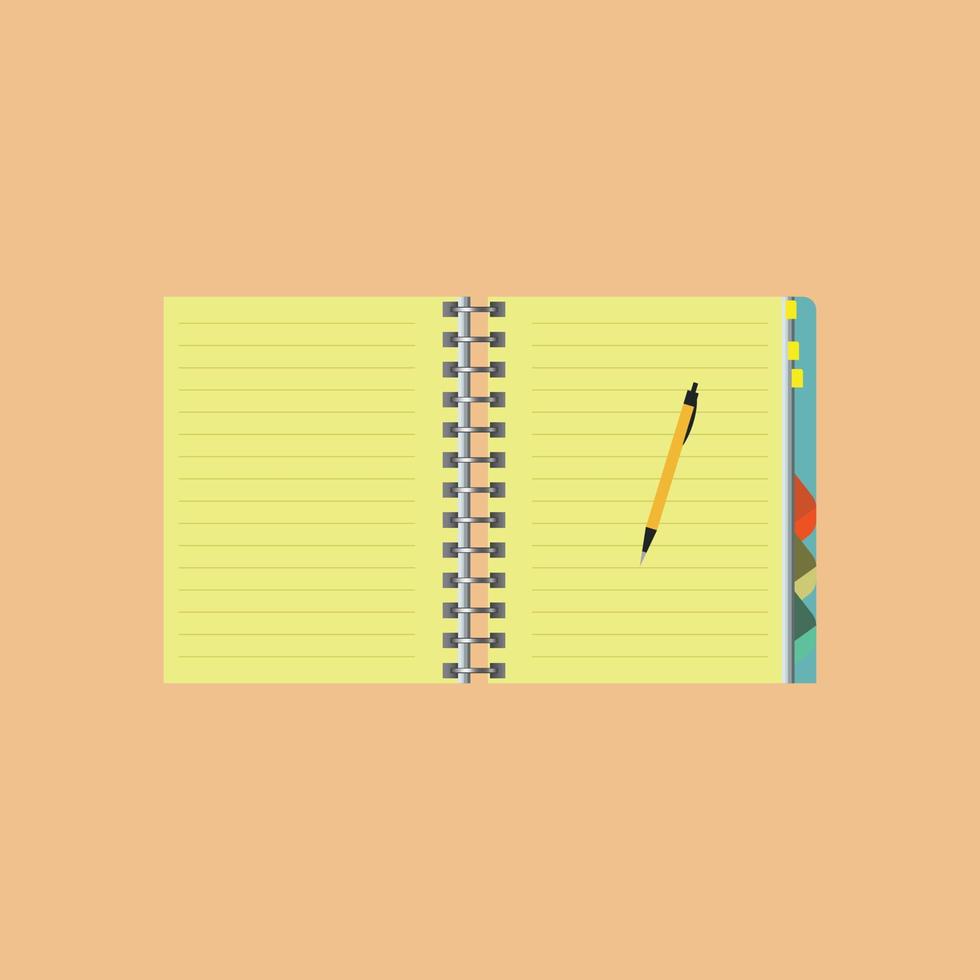 Notepad with pen in top view. Sketchbook or open diary. Office and business stationery flat Vector illustration.