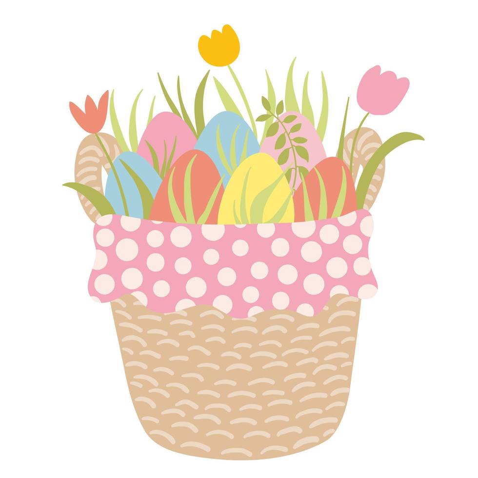 Happy Easter. Easter basket with eggs and spring flowers. Hand drawn greeting card with wicker basket with colourful eggs, tulips and green grass. Vector stock illustration.