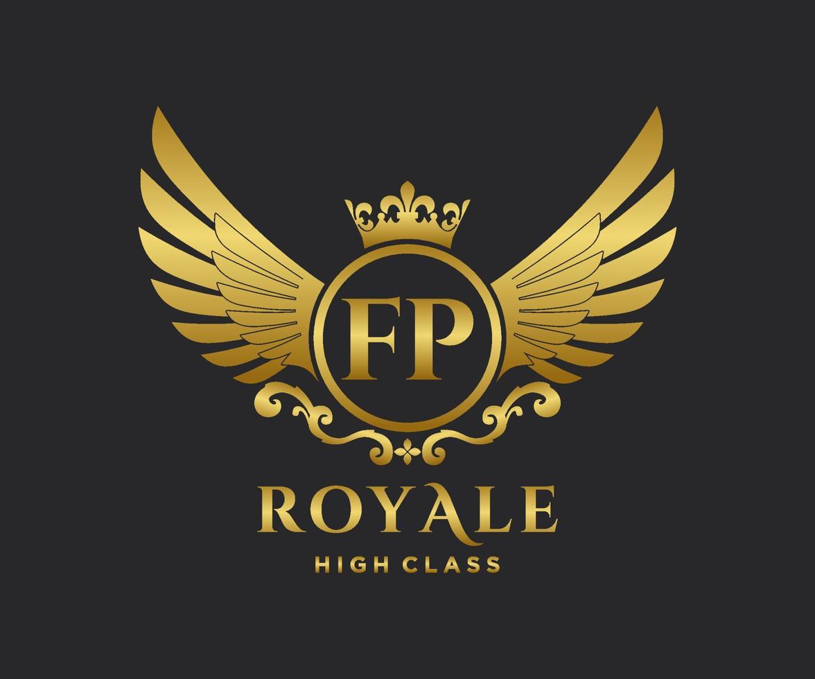 Golden Letter FP template logo Luxury gold letter with crown. Monogram alphabet . Beautiful royal initials letter. vector