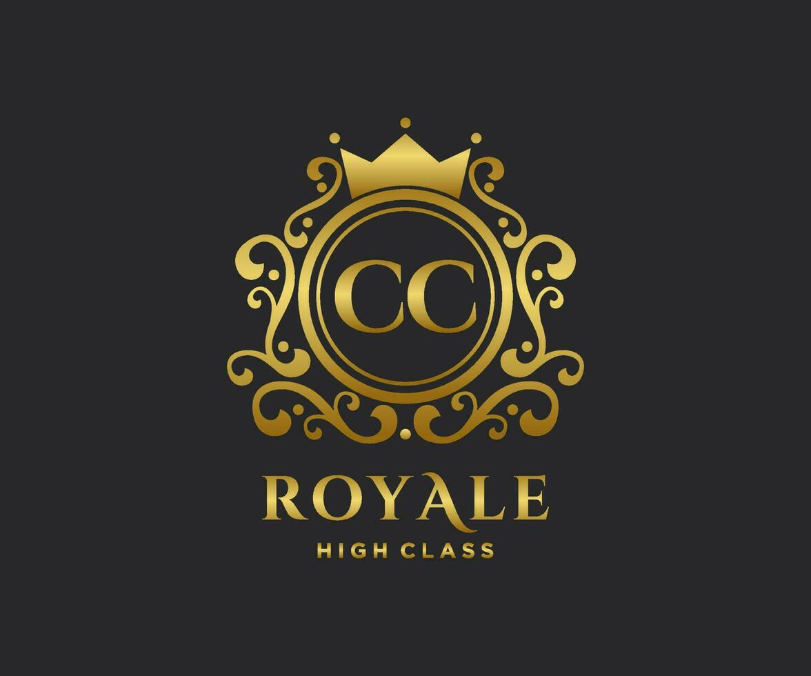 Golden Letter CC template logo Luxury gold letter with crown. Monogram alphabet . Beautiful royal initials letter. vector