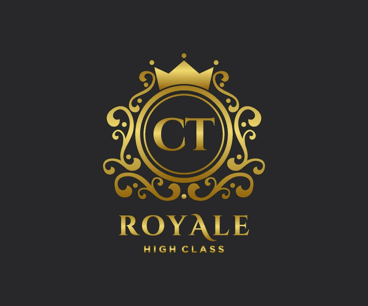 Golden Letter CT template logo Luxury gold letter with crown. Monogram alphabet . Beautiful royal initials letter. vector