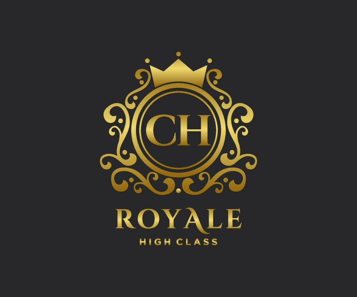 Golden Letter CH template logo Luxury gold letter with crown. Monogram alphabet . Beautiful royal initials letter. vector