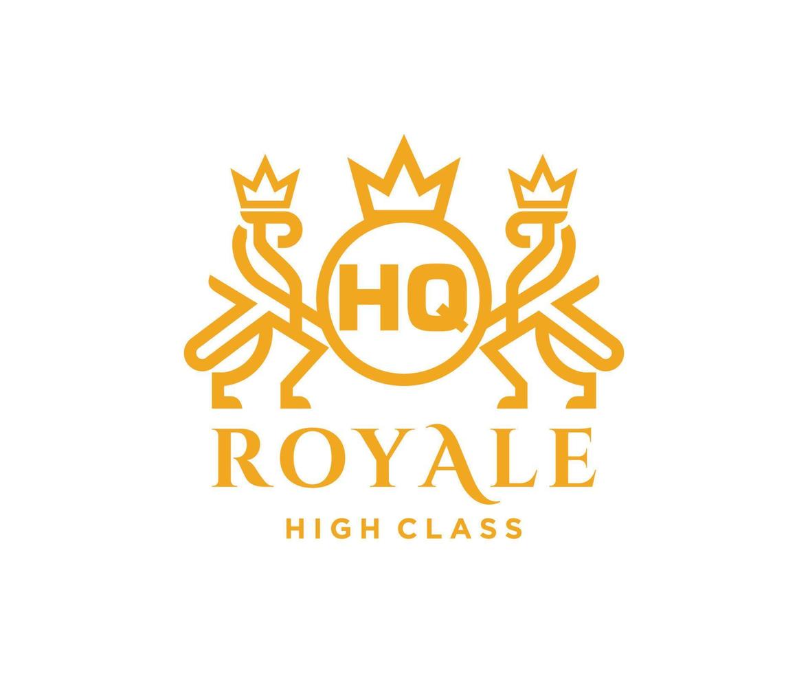 Golden Letter HQ template logo Luxury gold letter with crown. Monogram alphabet . Beautiful royal initials letter. vector
